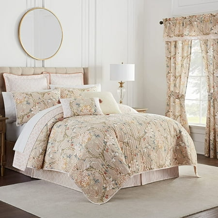 Pre-Owned Waverly 83493682 Mudan Soft All Season Reversible 4 Piece Quilt Bedspread Set, King, Taupe (Like New)