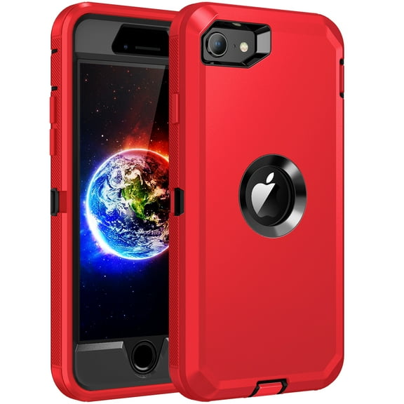RegSun for iPhone SE 2020 Case,Built-in Screen Protector, Shockproof 3-Layer Full Body Protection Rugged Heavy Duty High Impact Hard Cover Case for iPhone SE 2nd Gen 4.7-inch,Red/Black