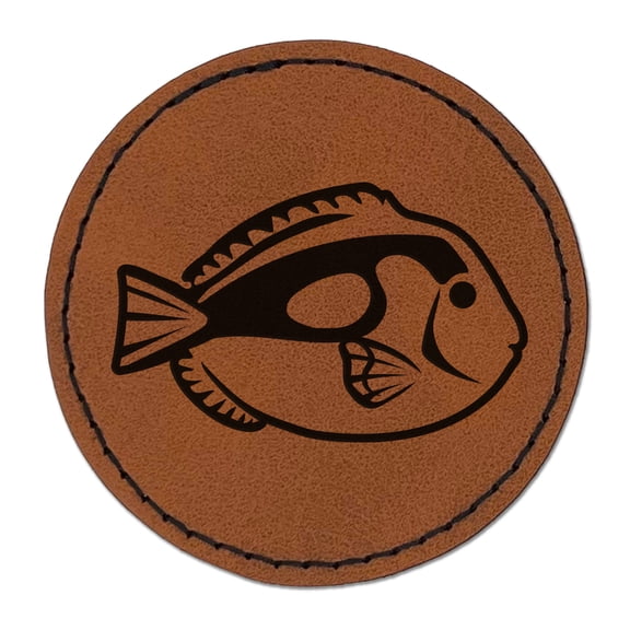 Regal Blue Tang Surgeonfish Fish 2.5" Faux Leather Round Engraved Iron-On Patch - Brown
