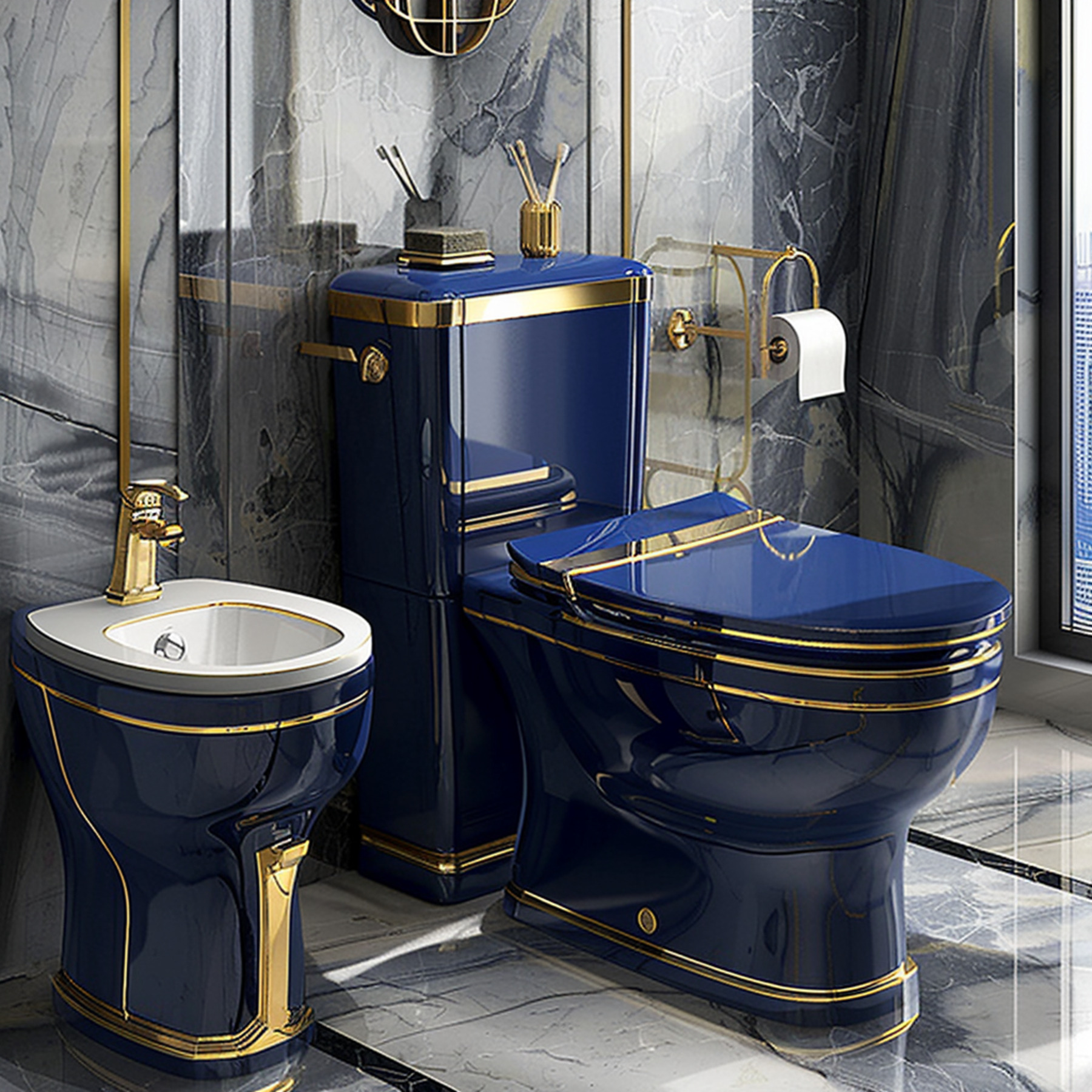 Regal Blue and Gold Bathroom Set Luxurious Toilet Elegant Sink and