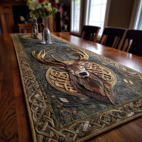Regal Celtic Stag Quilted Table Runner, Decorative Dining Table Accent for Kitchen and Home