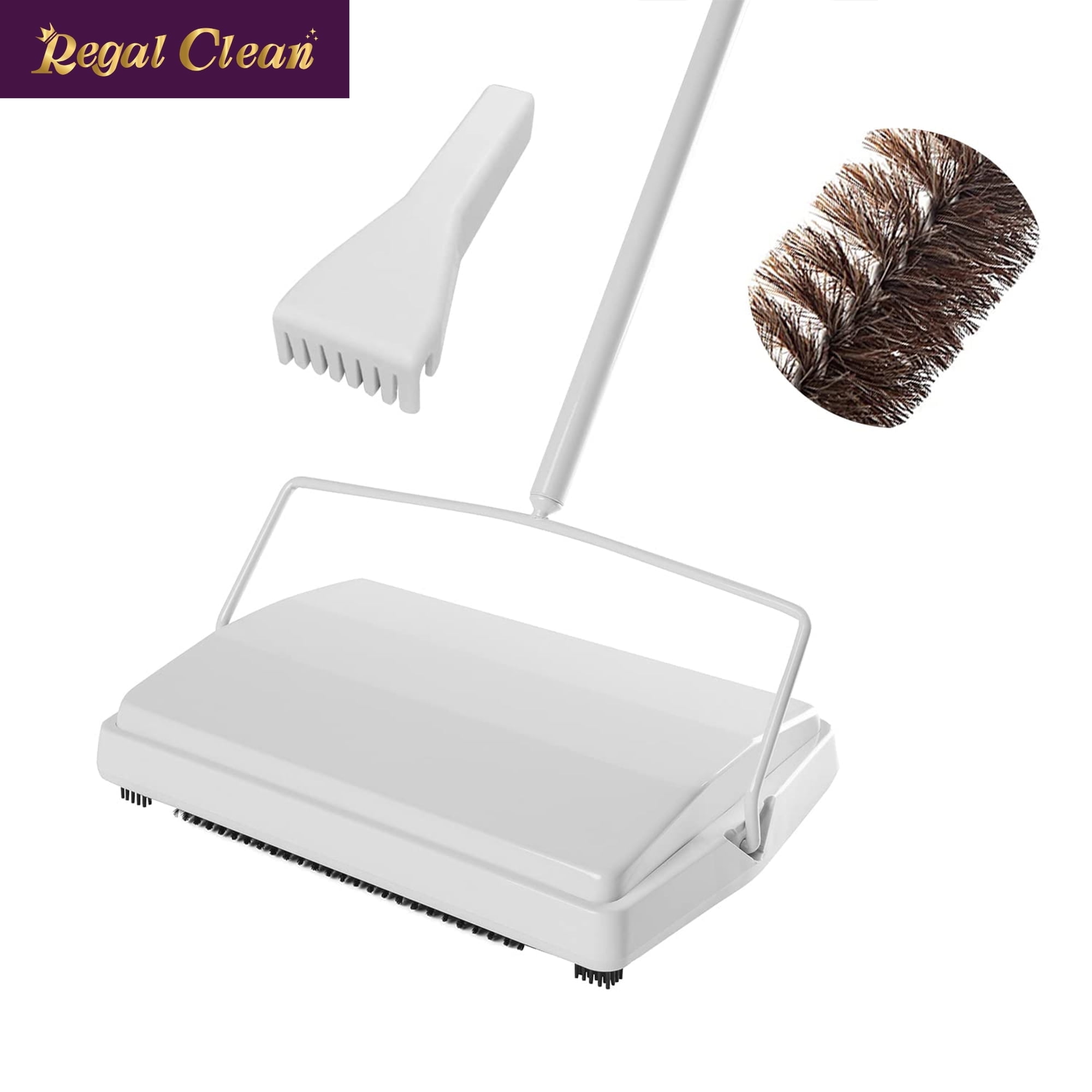 White Lightweight Manual Carpet Sweeper with Horsehair Brush