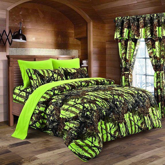 Regal Comfort The Woods Lime Green Camouflage Queen 6pc Sheet Set - Premium Luxury Printed Fitted Sheet, Flat Sheet, Camo and Solid Pillowcases Camo Bedding Set for Rustic Lodge Teens Boys and Girls