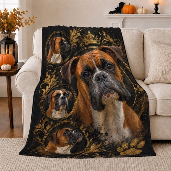 Regal Crown Boxer Dog Portrait Collage Commemorative, Playful Pet Portrait Pattern, Warm Flannel Blanket for Living Room and Bedroom, Dog Moms Father's Day Gift, Pet Lover Home Decor