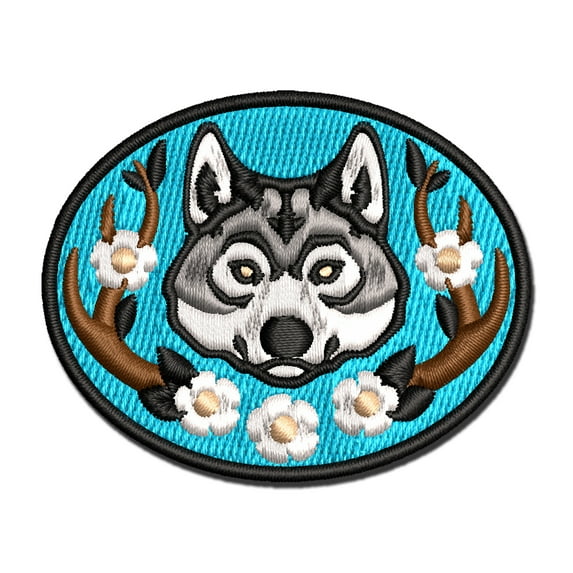 Regal Floral Wreath Wolf Wolves Head with Flower Antlers Applique Multi-Color Embroidered Hook & Loop Patch - 3 Inch Medium