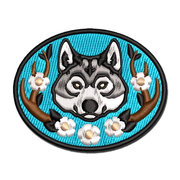 Regal Floral Wreath Wolf Wolves Head with Flower Antlers Applique Multi-Color Embroidered Iron-On Patch - 2.0 Inch Mini