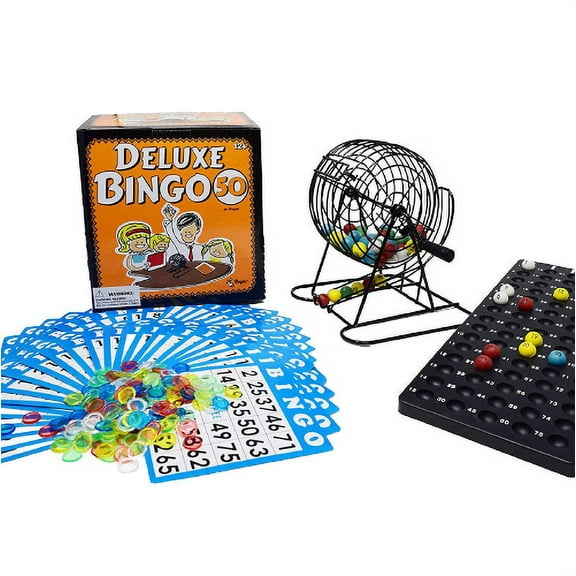 Regal Games Deluxe Bingo Set with Bingo Cage, Master Board, 50 Mixed Cards, 75 Calling Balls, Vibrant Chips for Social Gatherings & Game Nights