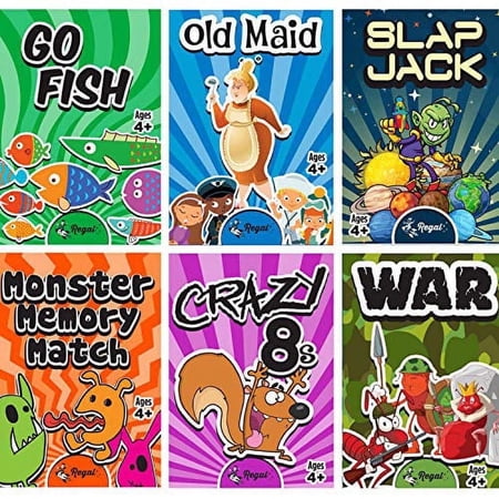 Regal Games, Kids Classic Card Games, 6 Game Set, Old Maid - Go Fish - SlapJack - War - Crazy 8's - Memory for Fun & Learning Activities