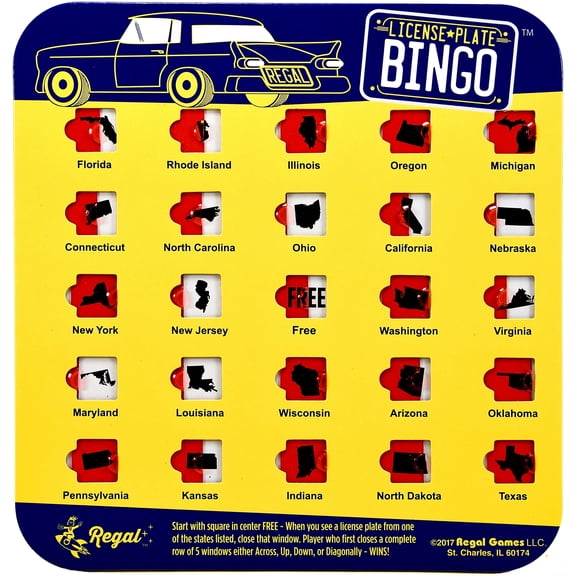 Regal Games, Original License Plate Travel Bingo Cards, Easy Read, Ideal for Family Vacations, Car Rides and Road Trips, 4 Count