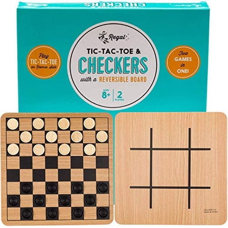 Regal Games - Reversible Wooden Board for Chess, Checkers & Tic-Tac-Toe - 24 Interlocking Wooden Checkers and 32 Standard Chess Pieces - for Age 8 to Adult for Family Fun