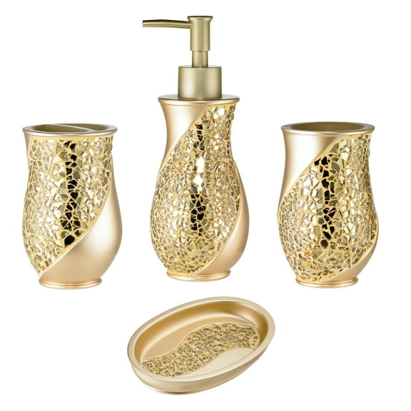 Regal Glass 4 piece Bathroom Accessories Set, Regal glass style complete set Tumbler, Soap Dish, Tooth Brush holder and Lotion Pump, Champange Gold