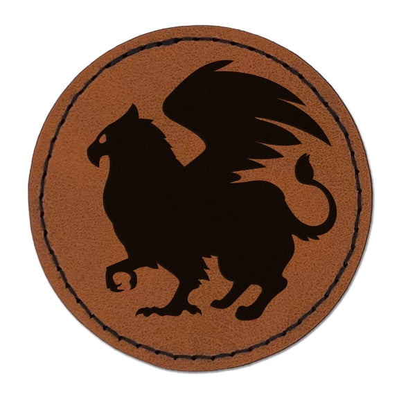 Regal Griffin Fantasy Silhouette 2.5" Faux Leather Round Engraved Iron-On Patch - Brown