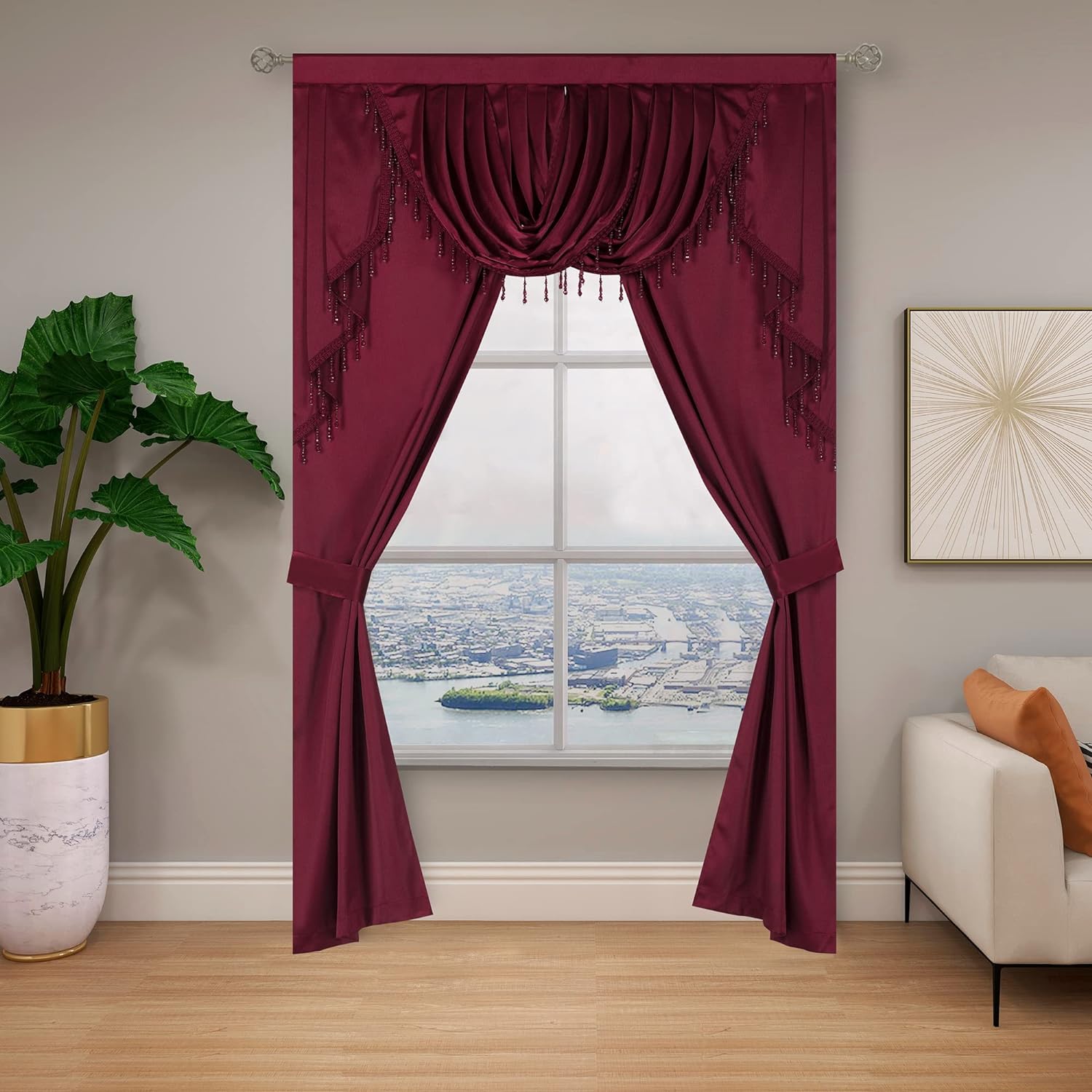 K66 Burgundy 3-pc Luxurious Sheer Organza Kitchen Rod Pocket Window 