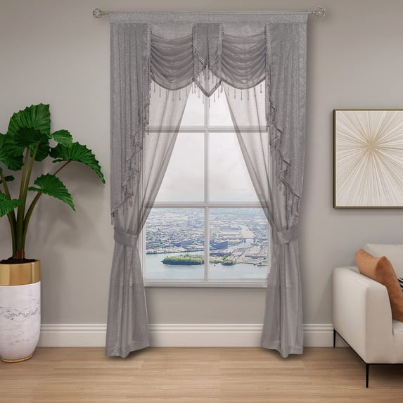 Regal Home 5-PC 84" Long Sheer Cascade Curtain Panels, Valance & Tiebacks, Grey