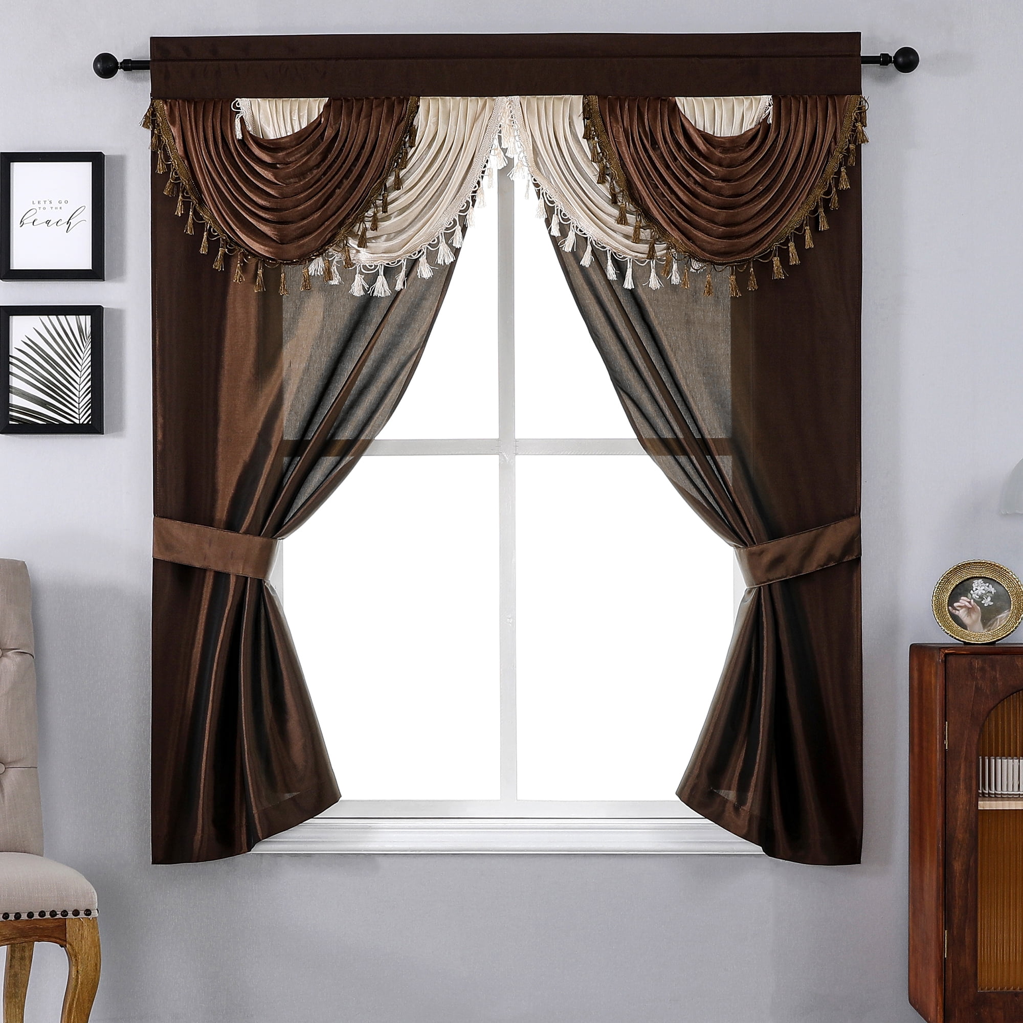 Regal Home Collections Amore Curtains 5-Piece Window Curtain Set - 54-Inch W x 84-Inch L Panels with Attached Valance and 2 TiebackS (Green)