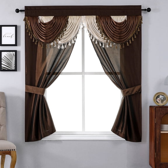 Regal Home Collections Amore Curtains 5-Piece Window Curtain Set - 54-Inch W x 84-Inch L Panels with Attached Valance and 2 TiebackS (Green)