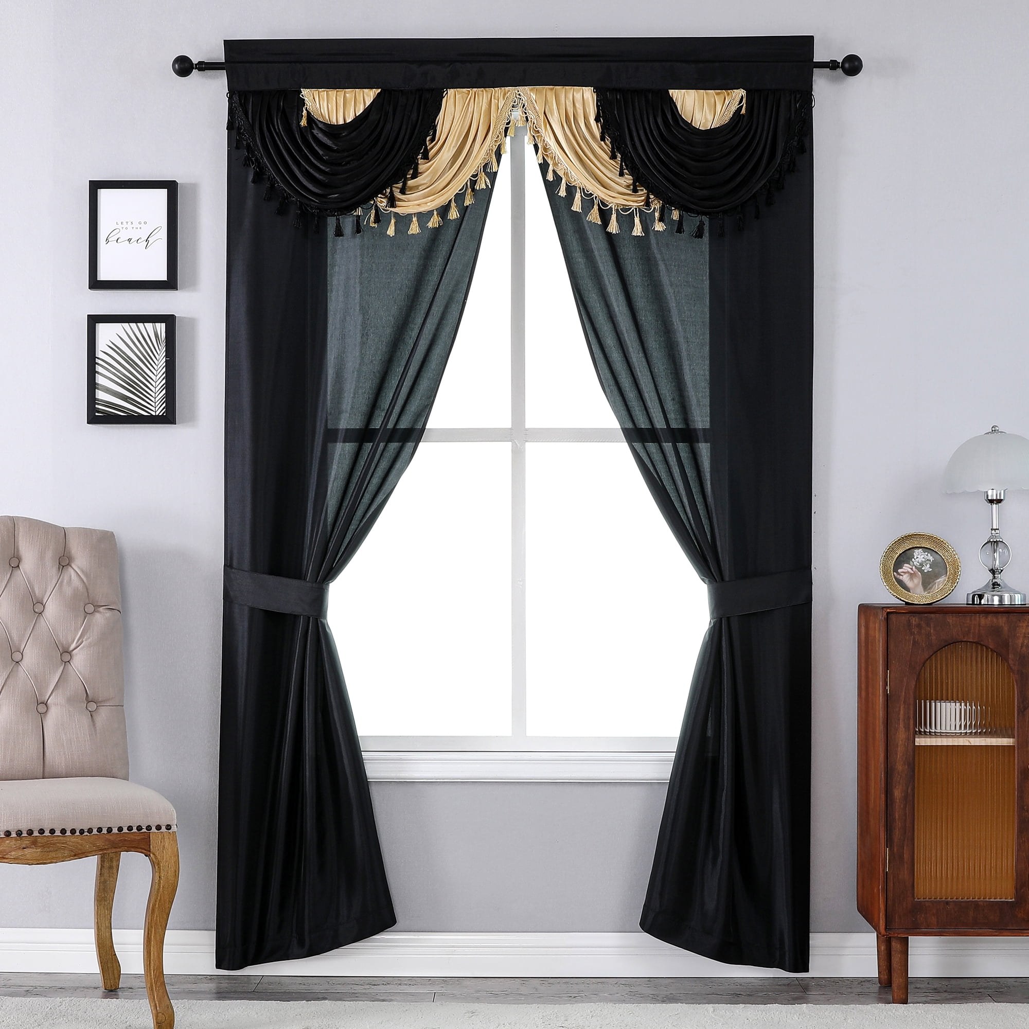 Regal Home Collections Amore Curtains 5-Piece Window Curtain Set - 54-Inch W x 84-Inch L Panels with Attached Valance and 2 Tiebacks (Black/Gold)