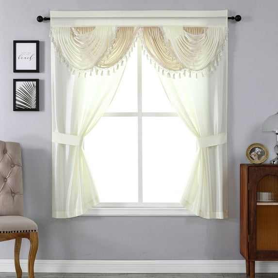 Regal Home Collections Amore Curtains 5-Piece Window Curtain Set - 54-Inch W x63-Inch L Panels with Attached Valance and 2 Tiebacks (Beige)