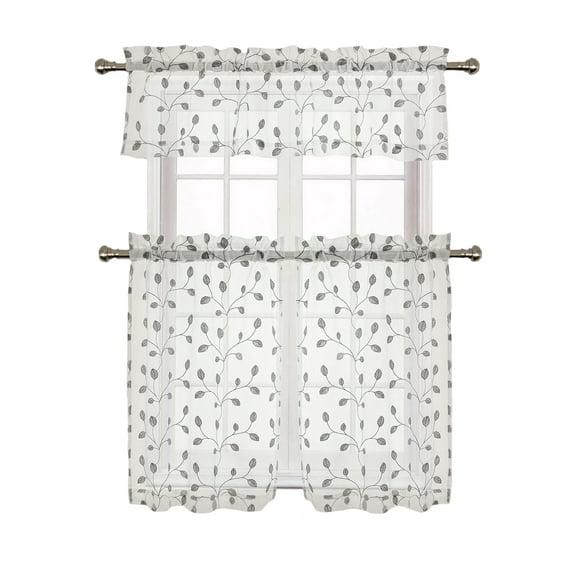 Regal Home Embroidered Leaves Sheer Kitchen Curtains with Valance, 56” x 14” (2 Panels)