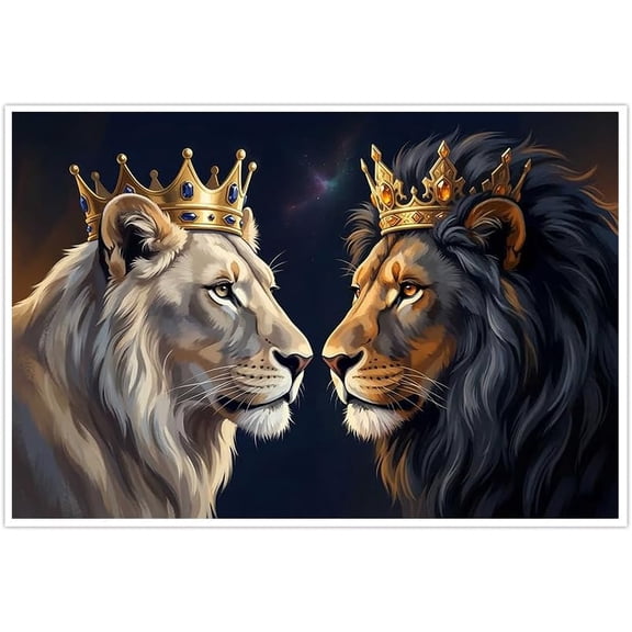 Regal King and Queen Lions Canvas Wall Art with Crowns, Majestic Wildlife Animal Poster Print for Living Room Bedroom Office Home Decorations