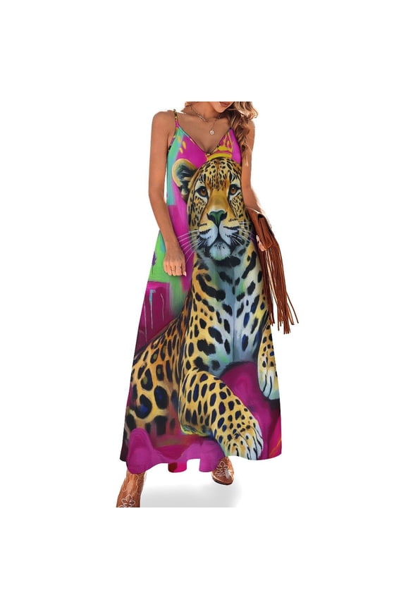 Regal Leopard Vibrant Throne Art Sleeveless Dress Women's Evening Dress Womans Clothing