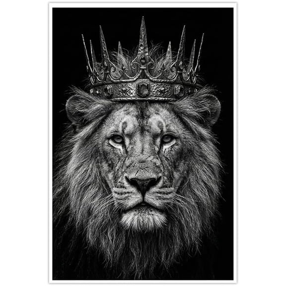 Regal Lion King Wall Art Canvas Prints,Black and White Royal Animal Decor for Bedroom Living Room,Vintage Crowned Lion Poster Artwork Decor--