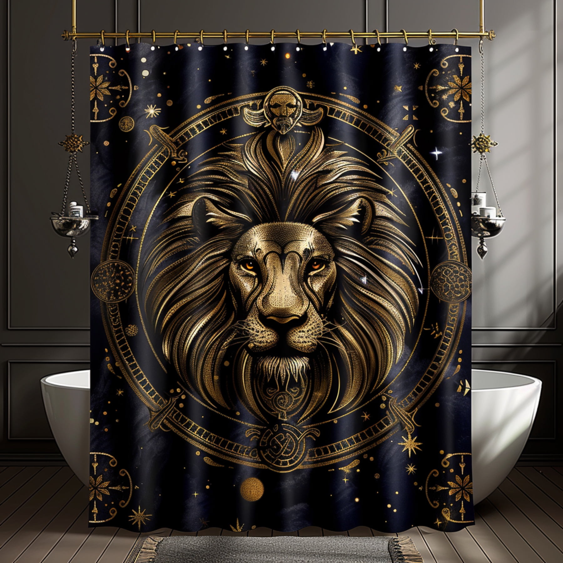 Regal Lion Zodiac Shower Curtain Elegant Gold and Black Design Gothic
