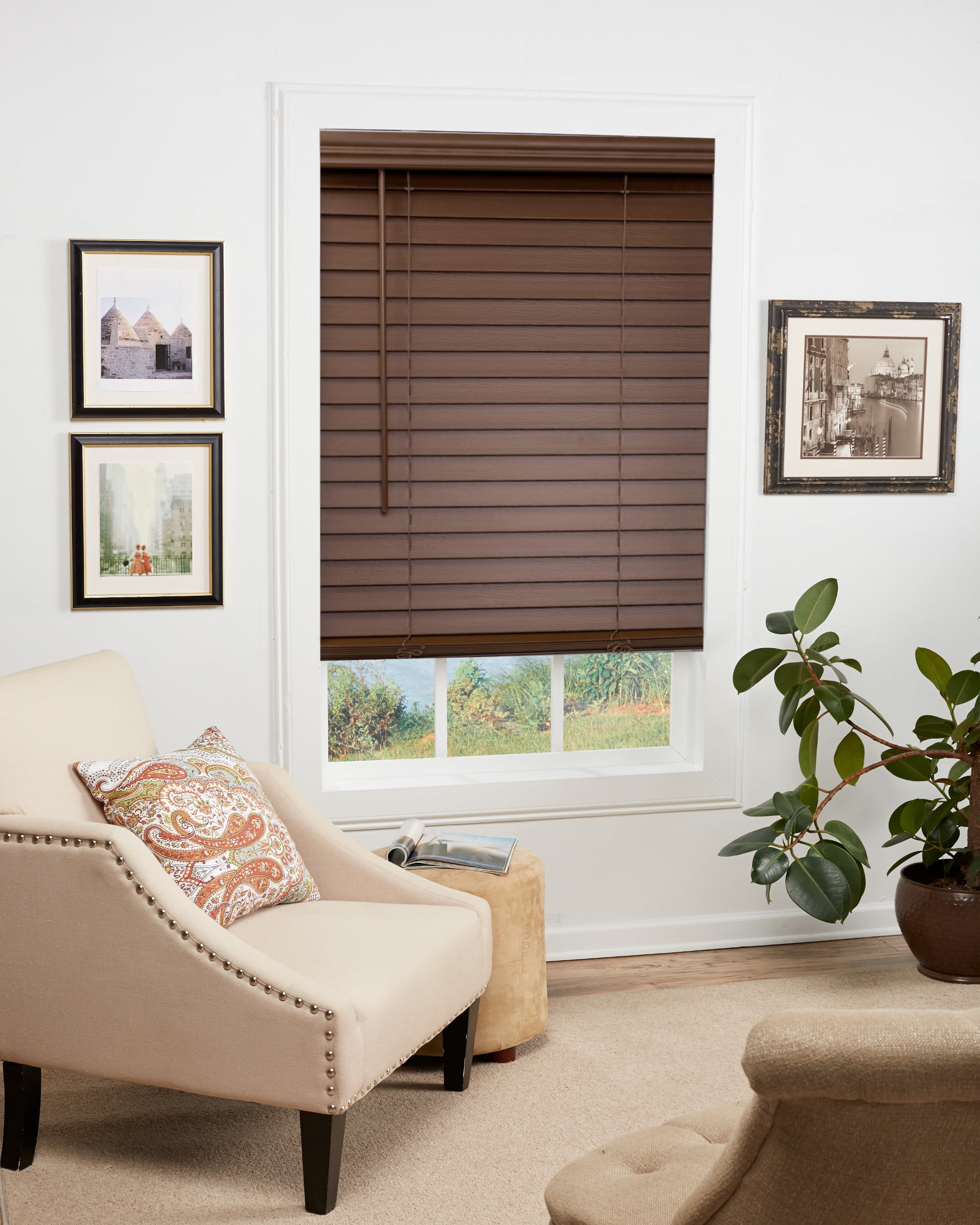 Regal Living Dark Oak Cordless Room Darkening Textured Faux Wood Blinds, 64.5" W x 48" L