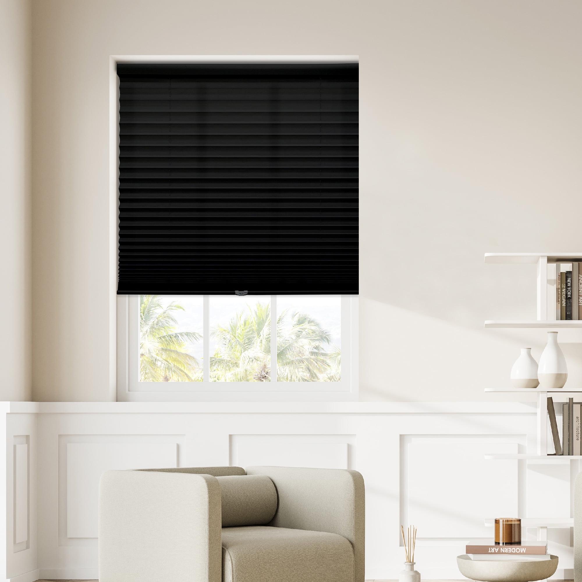 Regal Living Cordless Light Filtering Polyester Pleated Shades, Black - 64.5 in. W x 48 in. L