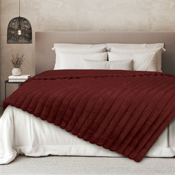 Regal Living Luxury Reversible Textured Stripe Faux Fur & Velvet Throw, Burgundy Red, 50" x 70"