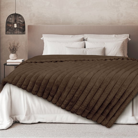 Regal Living Luxury Reversible Textured Stripe Faux Fur & Velvet Throw, Cocoa Brown, 50" x 70"