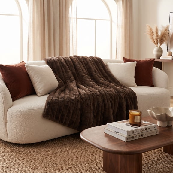 Regal Living Luxury Reversible Faux Fur Throw Blanket,Textured Stripe ,Cocoa Brown, 50" x 70''