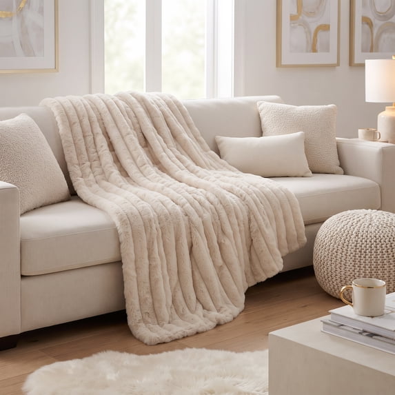 Regal Living Luxury Reversible Faux Fur Throw Blanket,Textured Stripe ,Tapue, 50" x 70''