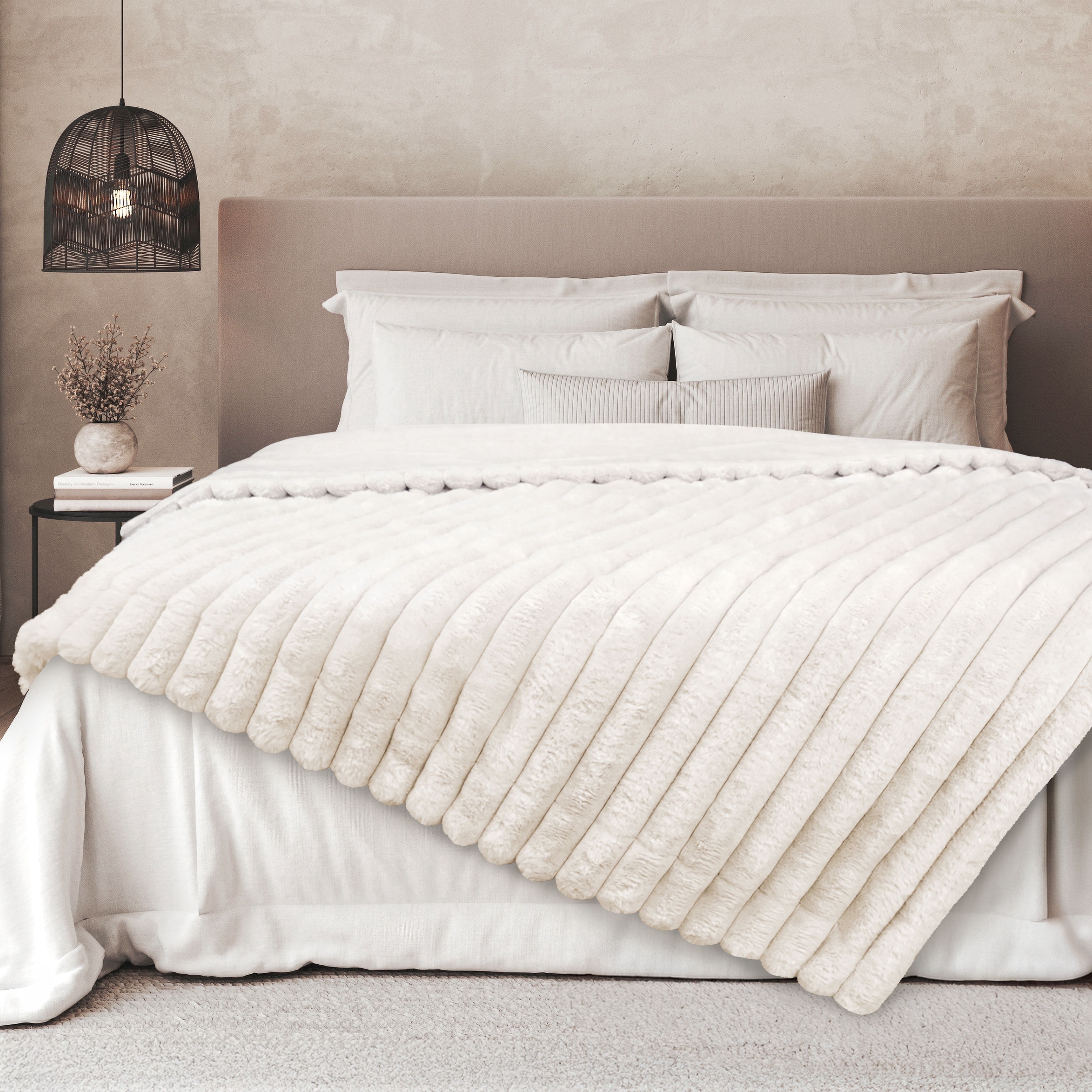 Regal Living Luxury Reversible Textured Stripe Faux Fur & Velvet Throw, White, 50" x 70"