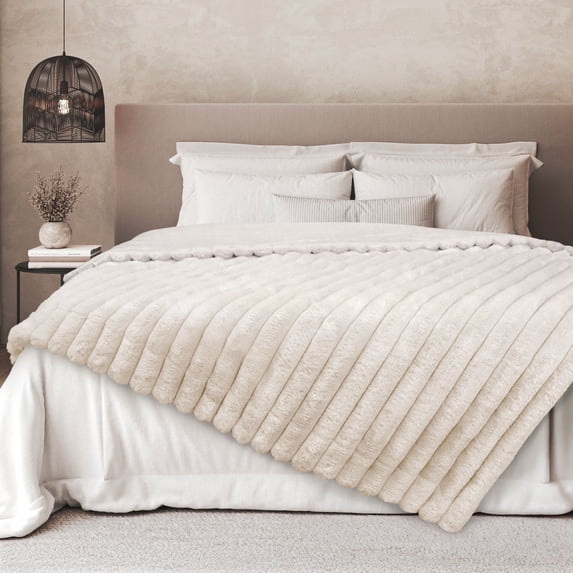 Regal Living Luxury Reversible Textured Stripe Faux Fur & Velvet Twin Throw, Taupe, 66" x 90"