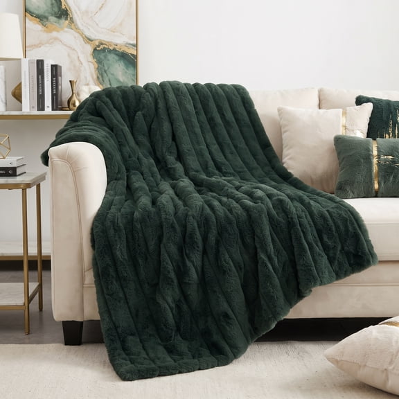 Regal Living Luxury Reversible Faux Fur Throw Blanket,Textured Stripe,Textured Stripe ,Deep Forest , 50" x 70''