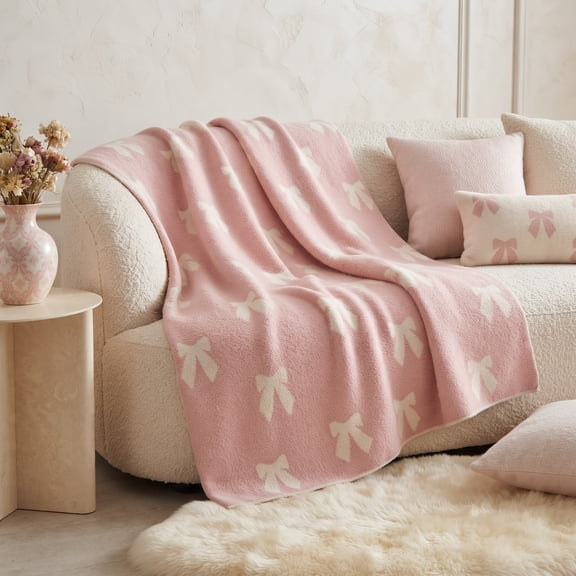 Regal Living Soft Fluffy Knit Throw Blanket, Pink Bow, 50" x 60''