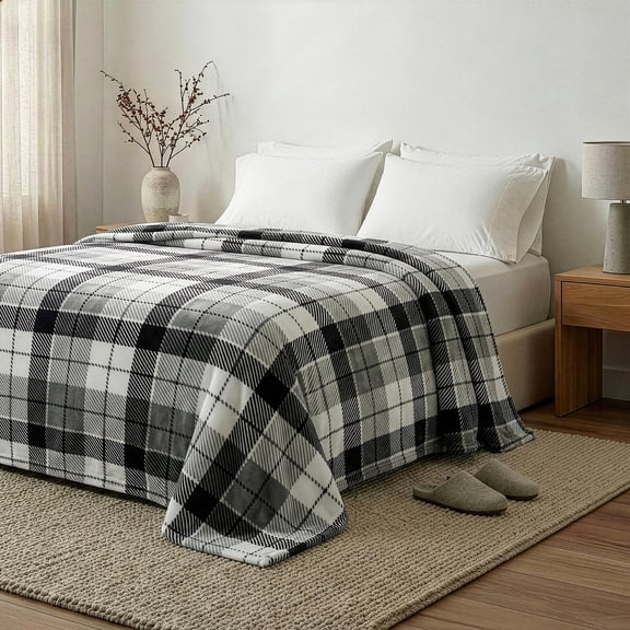 Regal Living Warm & Cozy Plush Velvet Blanket, Gray Plaid, 90 x 90