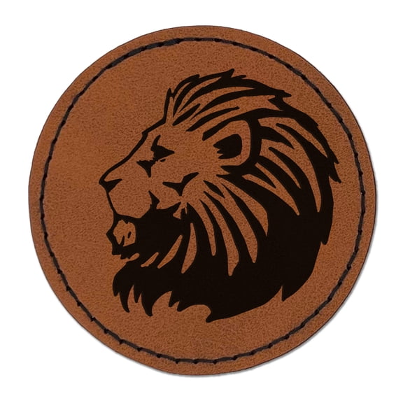 Regal Maned Lion Head Side Profile 2.5" Faux Leather Round Engraved Iron-On Patch - Brown