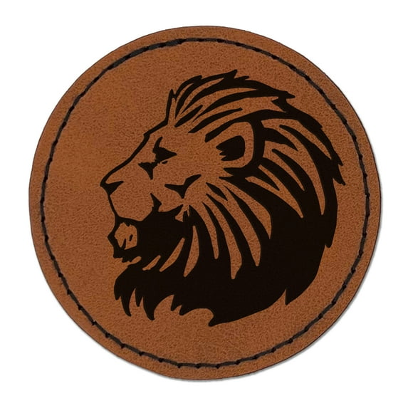 Regal Maned Lion Head Side Profile 2.5" Faux Leather Round Engraved Iron-On Patch - Brown
