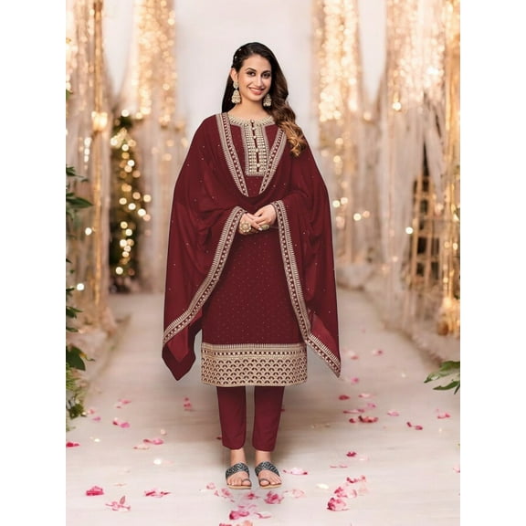 Regal Maroon, Faux Georgette, Embroidery Work Straight Suit,Cultural Wear for Women