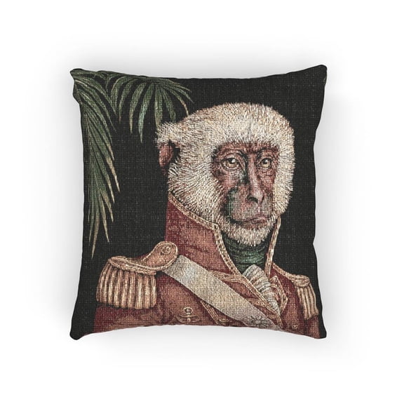 Regal Monkey Military Portrait in Red, Black and Green Decorative Woven Pillow, Cotton-Polyester, Tropical Style