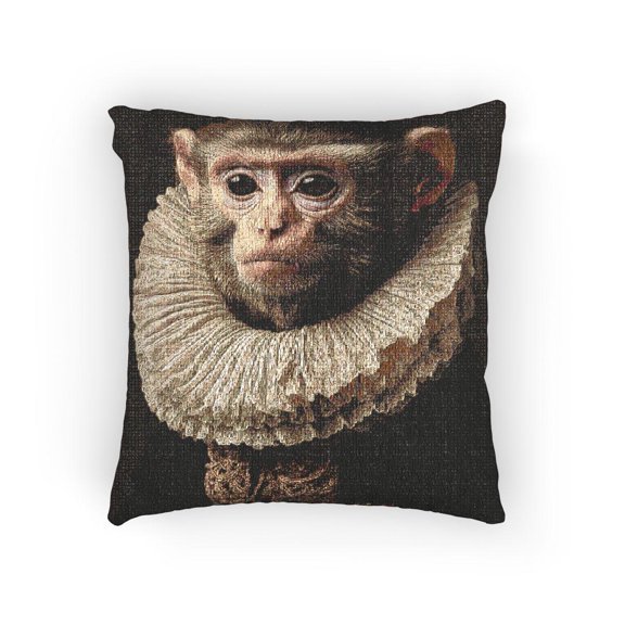 Regal Monkey Portrait in Black, Cream and Antique Gold Decorative Woven Pillow with Ruffled Collar