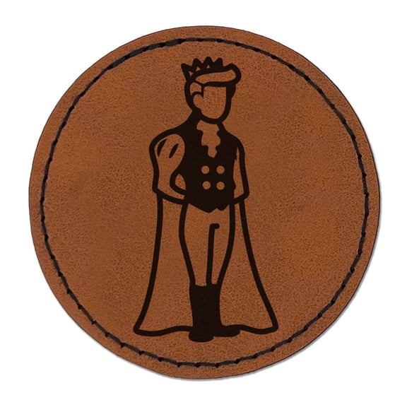 Regal Noble Prince Medieval Crown Round Iron-On Engraved Faux Leather Patch Applique - 2.5 Inch - Brown