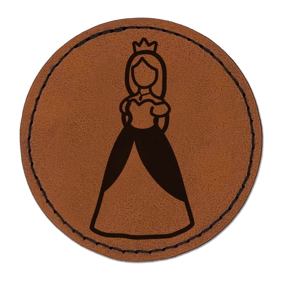 Regal Noble Princess Medieval Crown Round Iron-On Engraved Faux Leather Patch Applique - 2.5 Inch - Brown