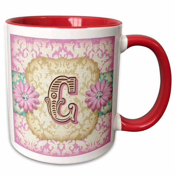 3drose, Regal Pastel Mod Damask Monogram Initial C, 15oz Two-tone Red Mug