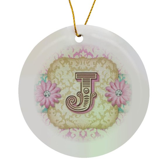 Regal Pastel Mod Damask Monogram Initial J, Circle Porcelain Ornament