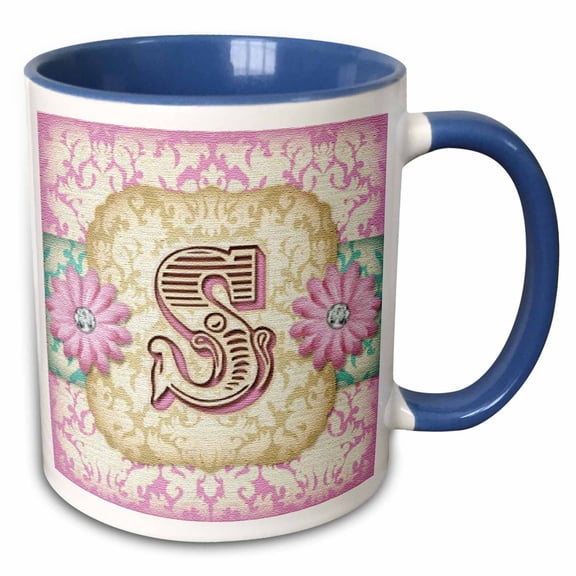 3drose, Regal Pastel Mod Damask Monogram Initial S, 15oz Two-tone Blue Mug