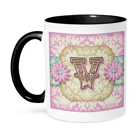 Regal Pastel Mod Damask Monogram Initial V, 11oz Two-Tone Black Mug