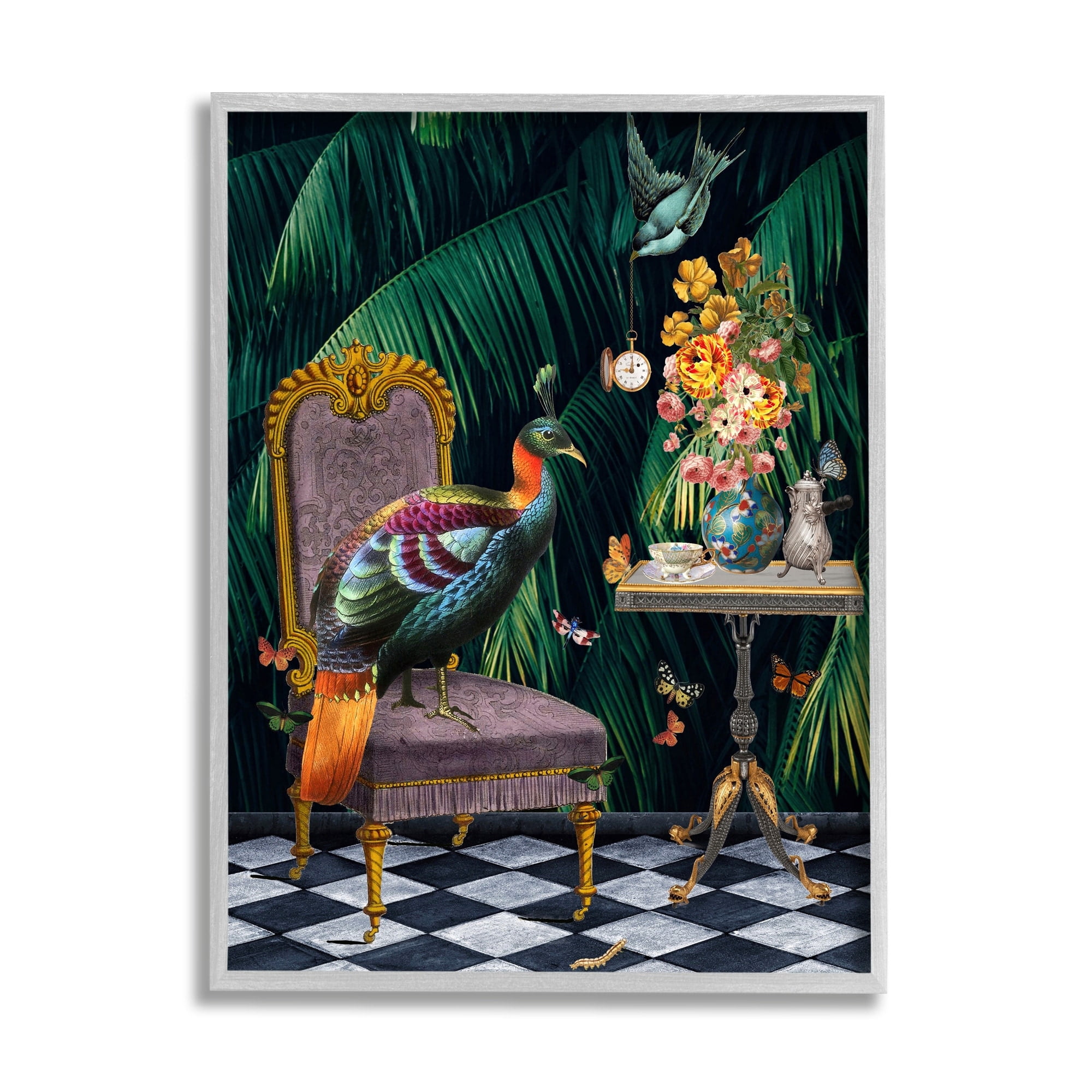Regal Peacock On Chair Falling Palm Fronds Animals & Insects Graphic Art Framed Art Print Wall Art